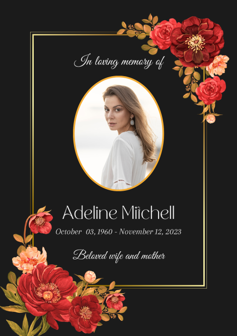 Black Red Watercolor Floral Photo Obituary Poster